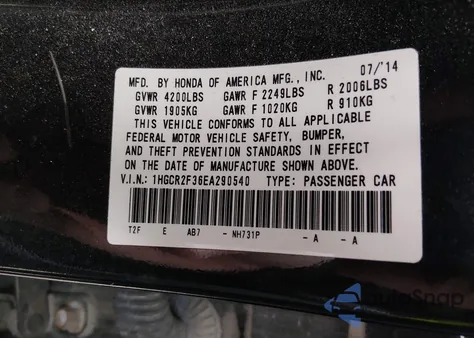2014 Honda Accord Lx from USA, damaged, VIN 1HGCR2F36EA290540